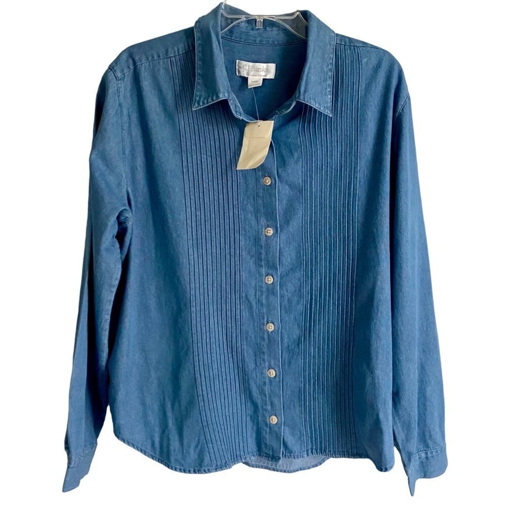 CJ Banks Long Sleeve Button Down Shirt Cotton Denim Blue Women's Size 14W NEW